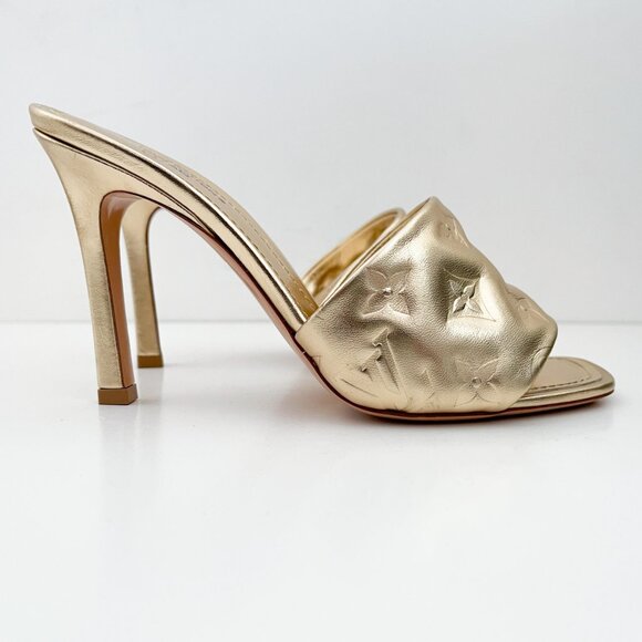 Louis Vuitton Revival Mule Monogram Gold Metalic Heel Padded Heels Sandals - Picture 3 of 14